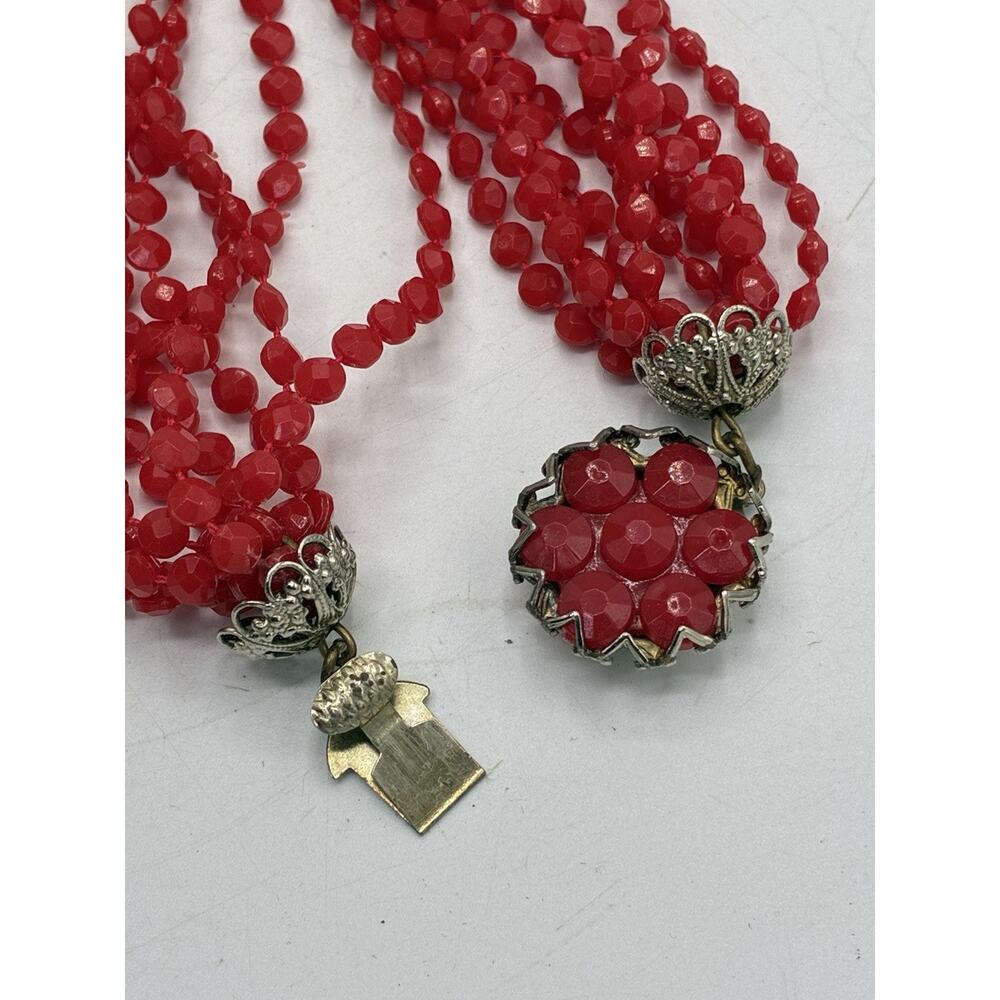 Vintage Multi Strand Red Faceted Bead Necklace Ornate Filigree Flower Clasp Long - Picture 5 of 5